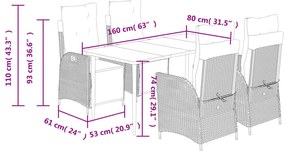 5 pcs conjunto jantar p/ jardim c/ almofadões vime PE castanho