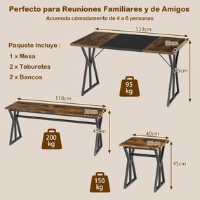 Conjunto de sala de jantar de 5 peças para 4-6 pessoas Mesa de cozinha retangular industrial com 2 bancos e 2 bancos altos castanho