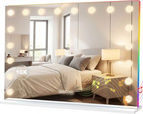 Espelho de maquilhagem Hollywood 80 x 14 x 60 cm com 18 lâmpadas LED, 3 cores de iluminação, luz RGB, altifalante Bluetooth, branco