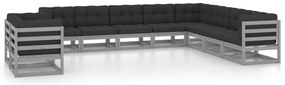 10pcs conjunto lounge de jardim + almofadões pinho maciço cinza