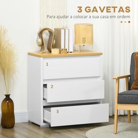 Cómoda Moderna com 3 Gavetas de Madeira 70x37x75 cm para Dormitório Carga Máxima 40 kg Branco e Madeira