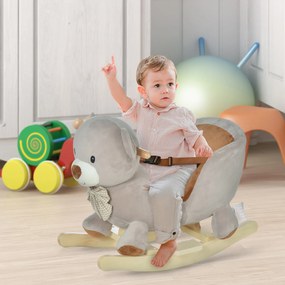 HOMCOM Cavalo de balanço para bebê acima de 18 meses Cavalo Baloiço de pelúcia macio com forma de urso com guiador e apoio de pés 60x33x50 cm Cinza