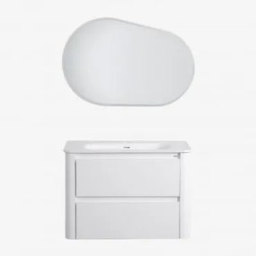 Conjunto De Móvel De Casa De Banho Suspenso 80x50 Cm Em Madeira Com Lavatório Integrado Egerton Branco & Oval Led E Anti-embaciamento 100x80 - Sklum