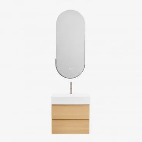 Conjunto De Móvel De Casa De Banho Em Madeira E Chapa De Freixo Com Lavatório Integrado Ona Madeira Natural & Ovalado Led E - Sklum