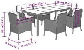 7 pcs conjunto de jantar p/ jardim c/ almofadões vime PE cinza