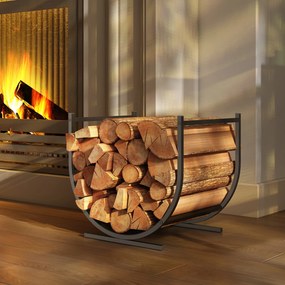Porta-lenha curvo e robusto para interior e exterior, estrutura em metal, 43 x 33 x 38 cm, preto