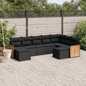 9 pcs conjunto de sofás p/ jardim c/ almofadões vime PE preto