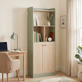 Estante de Arrumação com 5 Níveis e 2 Portas, 60 x 30 x 161,2 cm, Cantos Arredondados, Verde e cor Madeira Natural