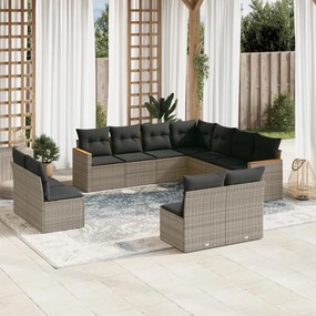 11 pcs conjunto sofás de jardim c/ almofadões vime PE cinzento