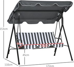 Balanço de Jardim Exterior Baloiço de 3 Lugares com Toldo Ajustável e Estrutura de Aço 172x110x153 cm Cinzento e Branco