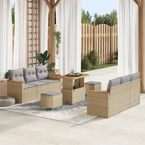 Conjunto de Sofá de Jardim vidaXL 9 Peças com Almofadas Bege Rattan Acácia