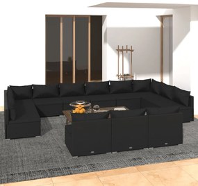 vidaXL 13 pcs conjunto lounge de jardim c/ almofadões vime PE preto
