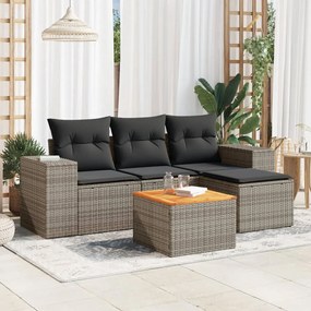 5 pcs conjunto sofás de jardim c/ almofadões vime PE cinzento