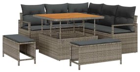 Conjunto de Sofá de Jardim de 8 Peças com Almofadas Cinza Vime Acácia