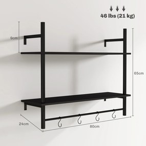 Estante de Parede de 2 Níveis Estante Suspensa com 4 Ganchos 2 Prateleiras e Estrutura de Metal 80x24x65 cm Preto