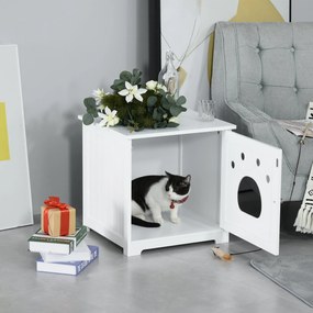 Casa para Gatos de Madeira Caixa de Areia para Gatos com Porta e Entrada em Forma de Garra para Descansar 48x51x51cm Branco