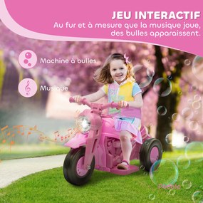 Motocicleta elétrica para crianças dos 2 aos 5 anos, 3 rodas, 6 V, 3 km/h, com função de bolhas, efeitos luminosos e sonoros, cor-de-rosa