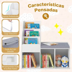Estante infantil com banco de 3 níveis 80 x 29,5 x 81,5 cm, 3 compartimentos abertos e almofada de assento para quarto ou sala de jogos - Branco