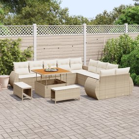Conjunto de Sofá de Jardim de 13 Peças com Almofadas Bege Rattan Polié