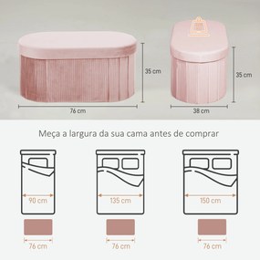 Puff de Arrumação Banco de Arrumação Dobrável 72 L 76x38x35 cm Estofado em Veludo Baú de Armazenamento Rosa