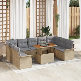 vidaXL Conjunto de Jantar de 10 Peças com Almofadas em Bege Poli Rattan Acácia