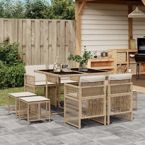 vidaXL 9 pcs conjunto de jantar p/ jardim com almofadões vime PE bege