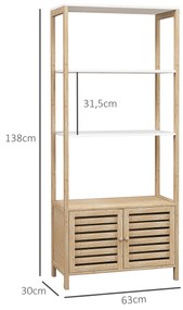 Estante para Casa de Banho de Bambu com 3 Prateleiras Abertas Estante de Arrumação Casa de Banho com Portas Ripadas 63x30x138 cm Madeira e Branco