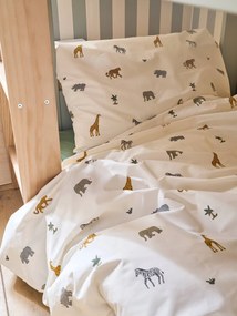Conjunto de capa de edredão + fronha essenciais para criança WILD ANIMALS, com algodão reciclado. branco estampado