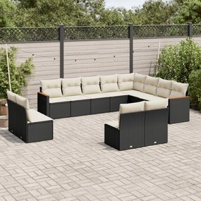 12 pcs conjunto de sofás de jardim c/ almofadões vime PE preto