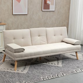Sofá Cama 3 Lugares com Encosto Ajustável Apoio para os Braços Desmontável e 2 Suportes para Copos 181x77x78 cm Bege