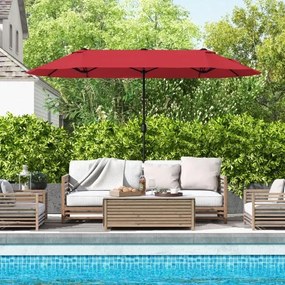 Guarda-sol duplo para jardim com base recarregável, manivela e 12 hastes de alta resistência Vermelho