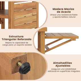 Mesa jardim de churrasco 124,5 x 60 x 89,5 cm em madeira de acácia com tabuleiros laterais dobráveis e estantes de arrumação para festas de churrasco