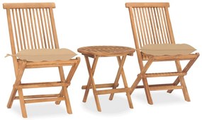vidaXL 3 pcs conj. jantar dobrável exterior c/ almofadão teca maciça