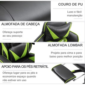 Cadeira de escritorio gaming ergonômica Altura Ajustável reclinável com apoio para pés Verde e Preto