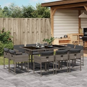 11 pcs conjunto jantar p/ jardim c/ almofadões vime PE cinzento