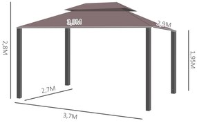 Pérgola de Jardim 3,9x2,9m de Alumínio com Teto de Ventilação 4 Cortinas Laterais Tela Mosquiteira e 8 Orifícios de Drenagem para Exterior Pátio Festa