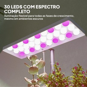 Luz de Crescimento com 30 LED de Espectro Completo Ajustável em Altura com Temporizador Automático 8/12/16/24H 5 Níveis de Brilho e 3 Vasos 31,8x13,4x
