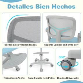 Cadeira de escritório para crianças com apoios de braços, apoio para os pés e rodas universais com altura ajustável 57 x 55 x 80-91 cm Azul