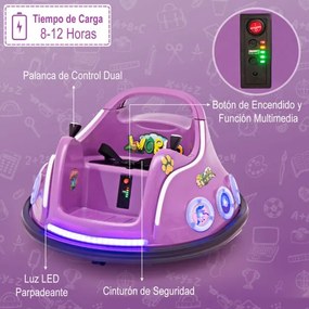 Carrinho de choques para crianças 12V com rotação de 360° Controlo remoto Luzes de controlo remoto Música incorporada 73 x 73 x 43cm Púrpura