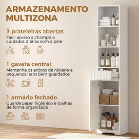 Armário Alto de Casa de Banho com Gaveta Design Canelado Prateleira Ajustável Prateleiras Abertas para Espaços Pequenos Branco