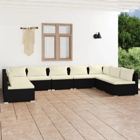 vidaXL 9 pcs conjunto lounge de jardim c/ almofadões vime PE preto