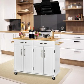 Carrinho para ilha de cozinha com tampo de madeira Estantes ajustáveis 2 gavetas grandes 122 x 48 x 92,5 cm Branco