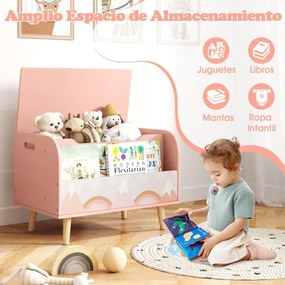 Estante organizadora de brinquedos em madeira 60 x 40 x 43 cm com tampa rebatível e dobradiça de segurança rosa