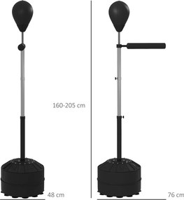 Saco de boxe com suporte, regulável em altura de 160 a 205 cm, com bomba incluída, enchível com areia ou água, preto