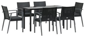7 pcs conjunto de jantar p/ jardim c/ almofadões vime PE e aço