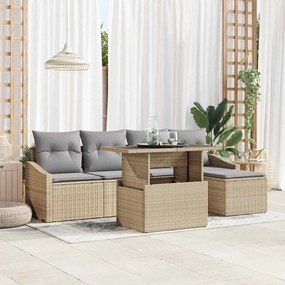vidaXL Conjunto de Sofá para Jardim de 6 Peças com Almofadas Bege de Rattan Poliéster