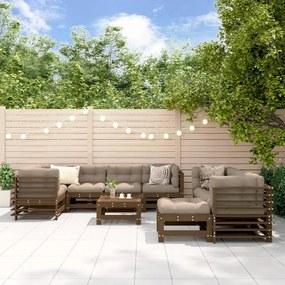vidaXL 10pcs conj.lounge jardim+almofadões madeira maciça castanho-mel