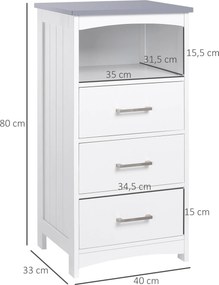 Móvel de casa de banho com pés 40 x 33 x 80 cm, móvel de arrumação com 3 gavetas e 1 compartimento aberto, branco