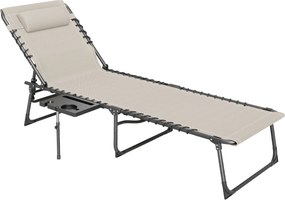 Outsunny Espreguiçadeira de Praia Dobrável Jardim Encosto Ajustável Apoio Cabeça Bolsa Lateral Bandeja Portátil 190x60x31 cm Creme | Aosom Portugal