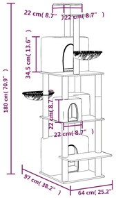 Árvore p/ gatos c/ postes arranhadores sisal 180 cm cinza-claro